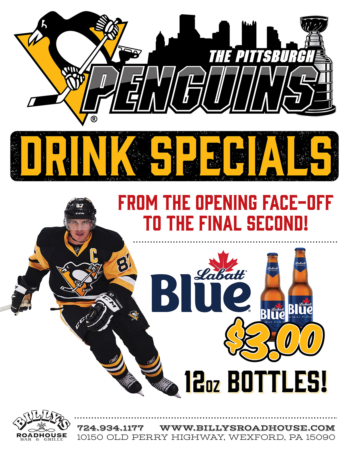 Billy's Roadhouse Specials for Pens Games!